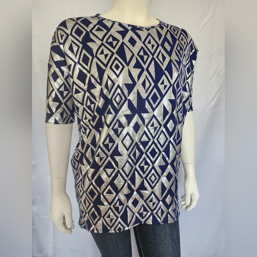 NWT LuLaRoe Irma Elegant Navy & Silver Metallic Geometric T-shirt Top - Large L